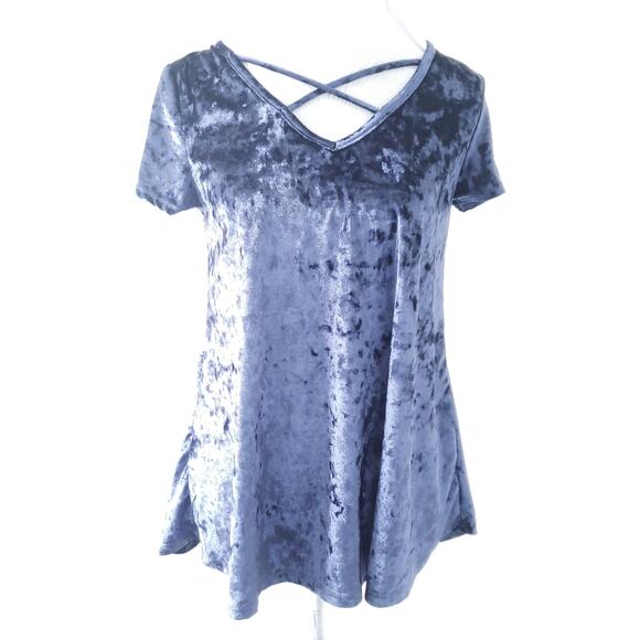 Entro Navy Blue Crushed Velvet Short Sleeve Top Shirt SMALL Boho Bohemian - Picture 1 of 7